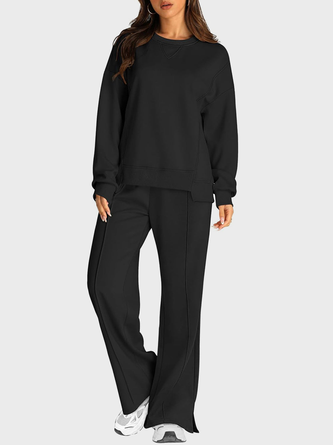 Round Neck Long Sleeve Top and Slit Pants Set-TOPS / DRESSES-[Adult]-[Female]-Black-S-2022 Online Blue Zone Planet