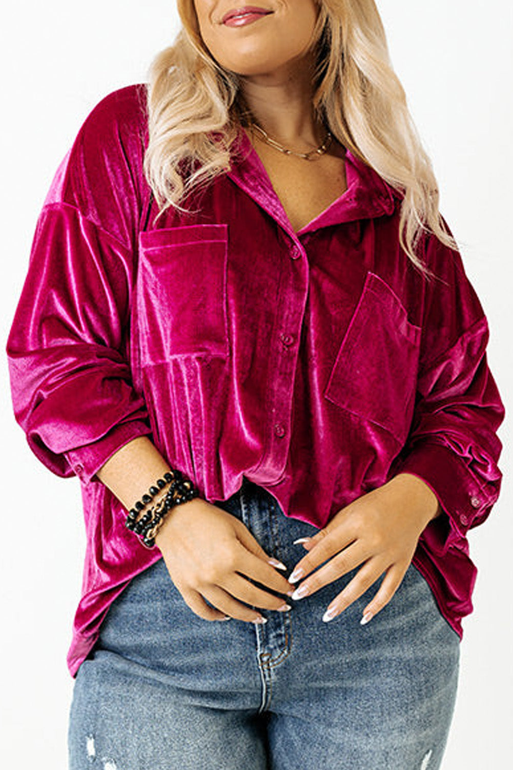 Blue Zone Planet | Chestnut Plus Size Velvet Chest Pocket Drop Shoulder Shirt-Plus Size/Plus Size Tops/Plus Size Blouses & Shirts-[Adult]-[Female]-Bright Pink-1X-2022 Online Blue Zone Planet