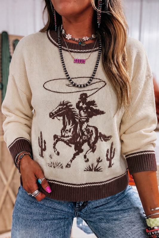 Oatmeal Western Print Color Block Ribbed Trim Crew Neck Shift Sweater-Sweaters & Cardigans/Sweaters-[Adult]-[Female]-Oatmeal-S-2022 Online Blue Zone Planet
