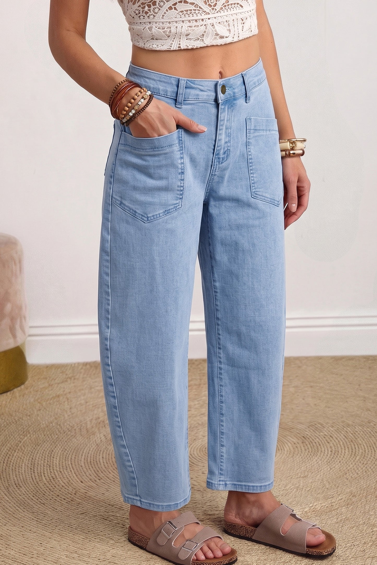 Beau Blue Solid Color Square Patch Pocket Ankle-length Barrel Jeans-Bottoms/Jeans-[Adult]-[Female]-2022 Online Blue Zone Planet