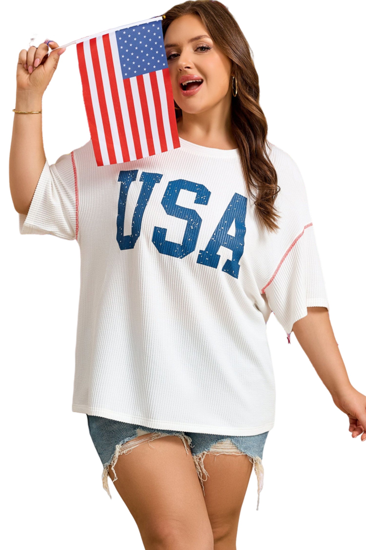 White Plus Size Twisted Rib Vintage Usa Letter Printed T Shirt-Plus Size/Plus Size Tops/Plus Size Tops & Tees-[Adult]-[Female]-2022 Online Blue Zone Planet