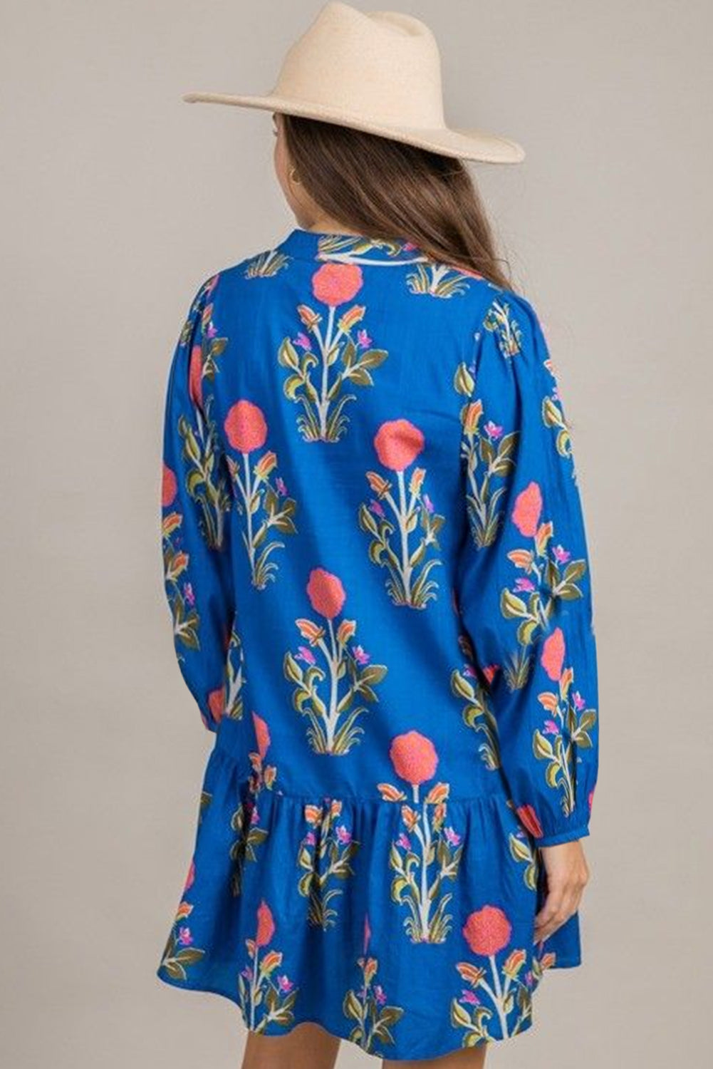 Sky Blue Floral Print Contrast Striped Trim Notched Neck Long Sleeve Dress-Dresses/Floral Dresses-[Adult]-[Female]-2022 Online Blue Zone Planet