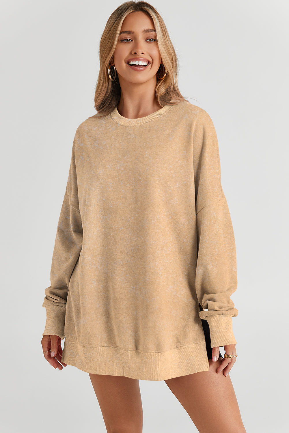 Khaki Drop Shoulder Ribbed Trim Oversized Sweatshirt-Tops/Sweatshirts & Hoodies-[Adult]-[Female]-2022 Online Blue Zone Planet