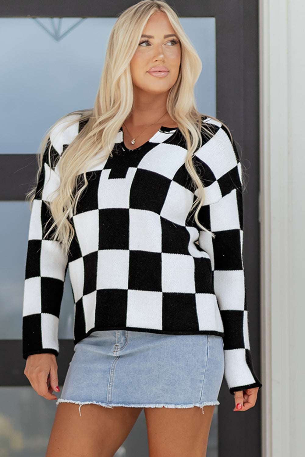 Black Checked Notched Neckline Drop Shoulder Knit Sweater-TOPS / DRESSES-[Adult]-[Female]-2022 Online Blue Zone Planet