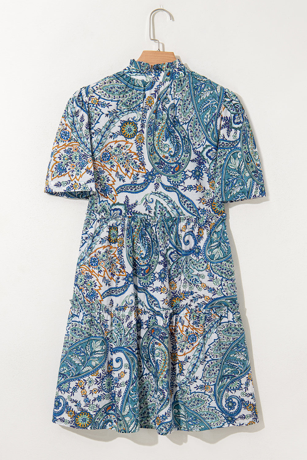 Blue Bohemian Paisley Floral V Neck Short Sleeve Mini Dress-TOPS / DRESSES-[Adult]-[Female]-2022 Online Blue Zone Planet