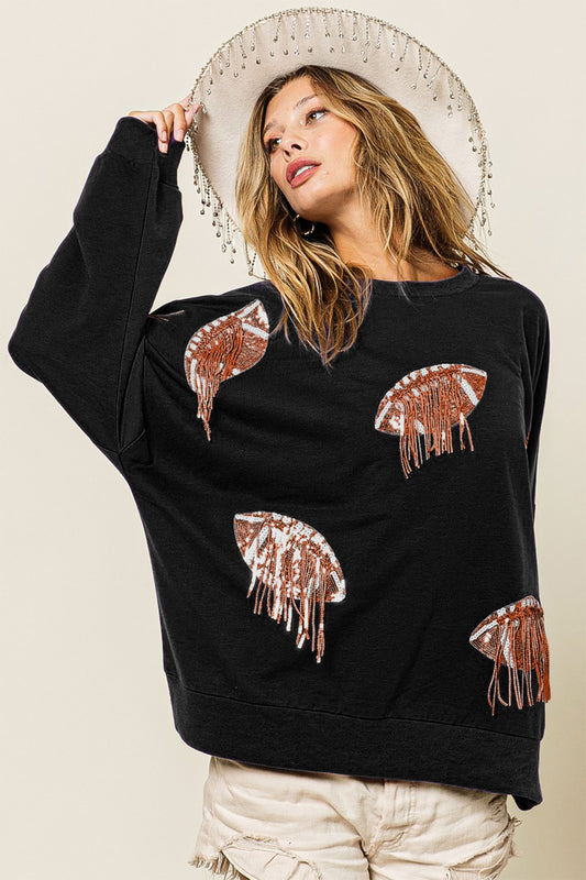 BiBi Sequin Fringe Football Patch Round Neck Sweatshirt-TOPS / DRESSES-[Adult]-[Female]-Black/Bronze-S-2022 Online Blue Zone Planet