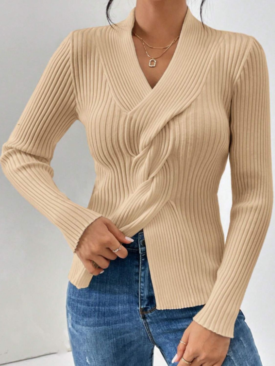 Twist Front Ribbed Long Sleeve Sweater-TOPS / DRESSES-[Adult]-[Female]-2022 Online Blue Zone Planet