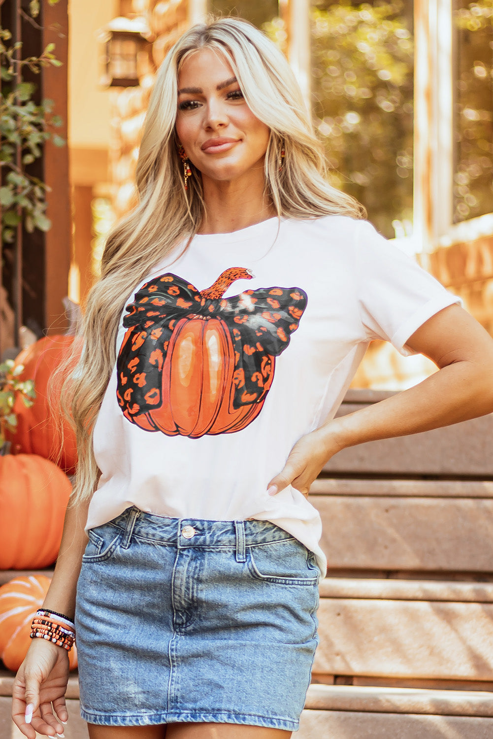 White Halloween Bowknot Pumpkin Graphic Crewneck T Shirt-Graphic/Graphic Tees-[Adult]-[Female]-White-S-2022 Online Blue Zone Planet