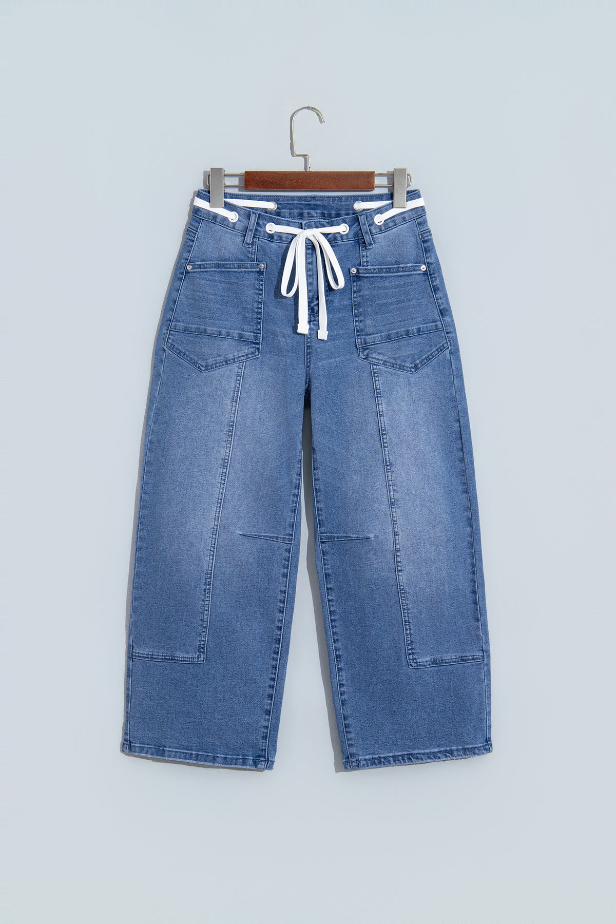 Beau Blue Solid Patchwork Grommet Tie Waist Loose Ankle-Length Jeans-Bottoms/Jeans-[Adult]-[Female]-2022 Online Blue Zone Planet