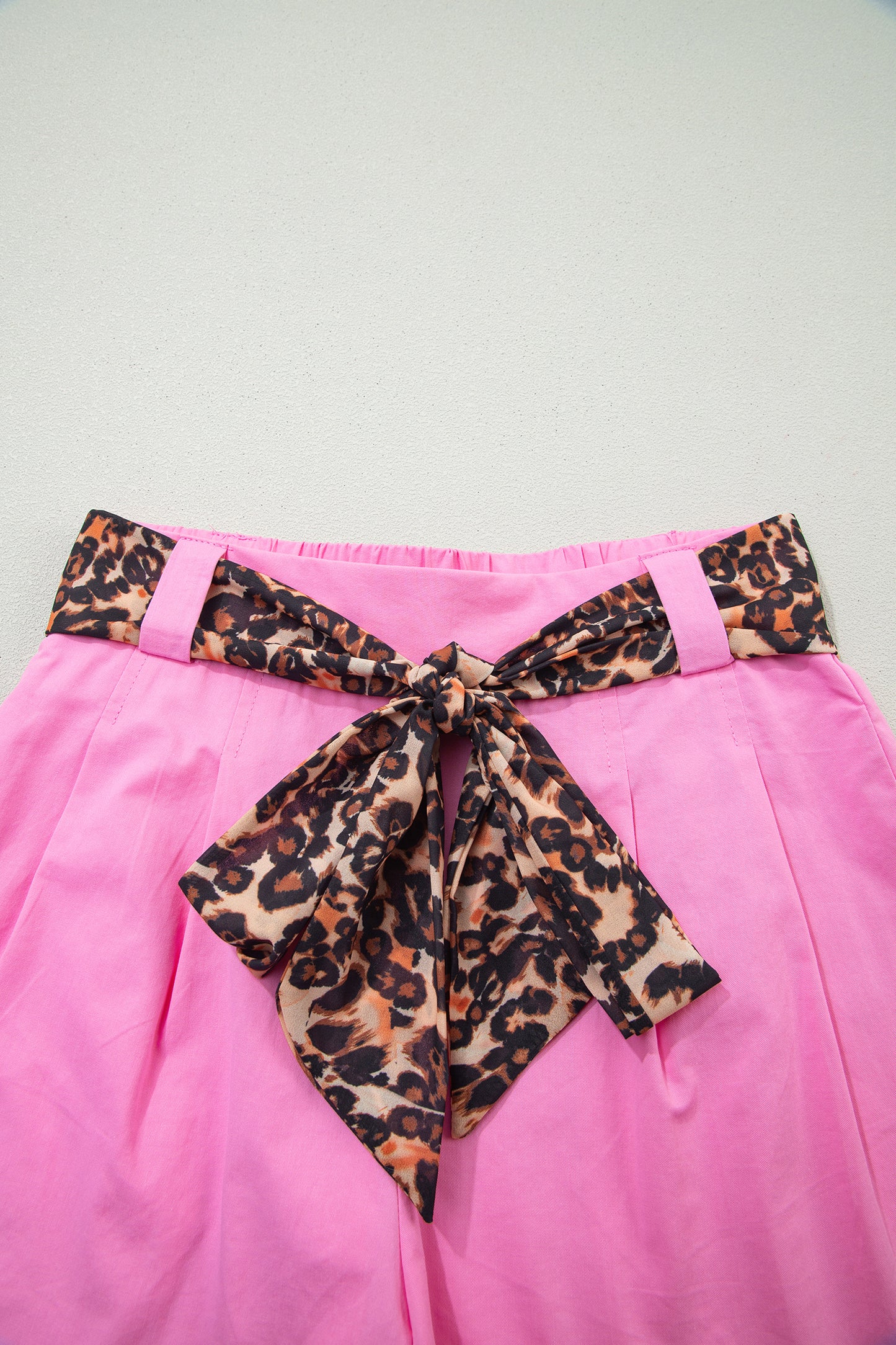 Oatmeal Leopard Contrast Sash Belt Pleated Wide Leg Shorts-Bottoms/Casual Shorts-[Adult]-[Female]-2022 Online Blue Zone Planet
