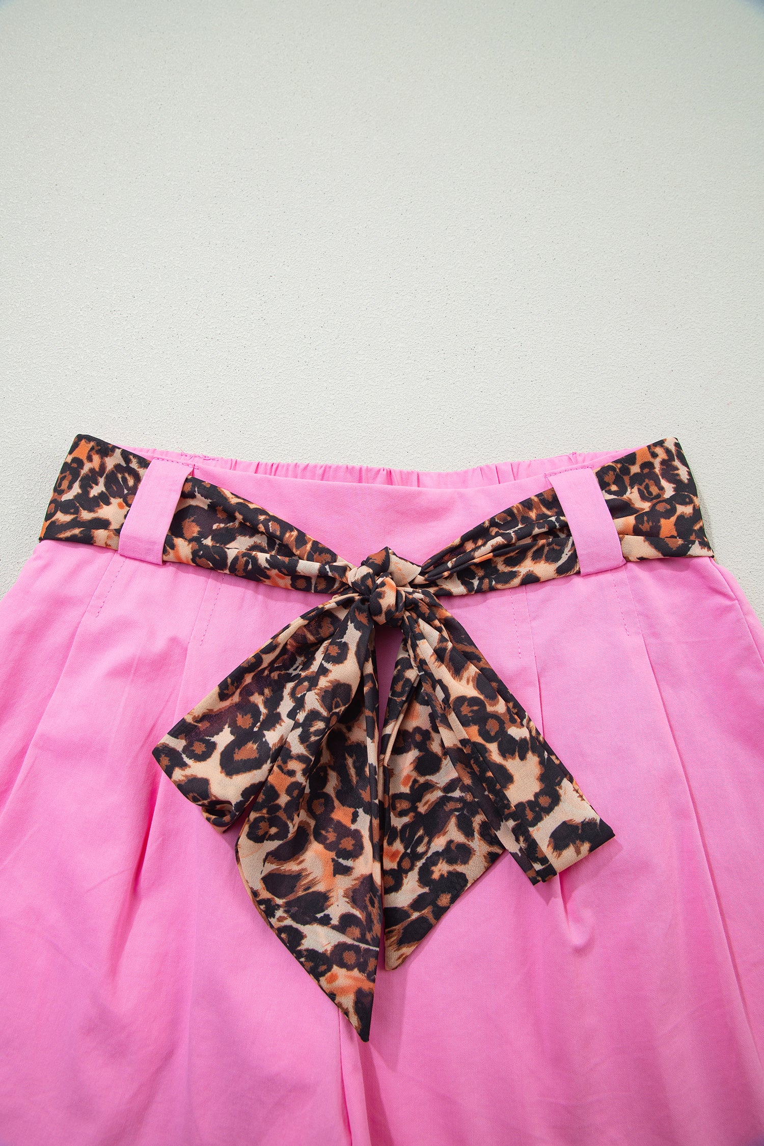 Oatmeal Leopard Contrast Sash Belt Pleated Wide Leg Shorts-Bottoms/Casual Shorts-[Adult]-[Female]-2022 Online Blue Zone Planet