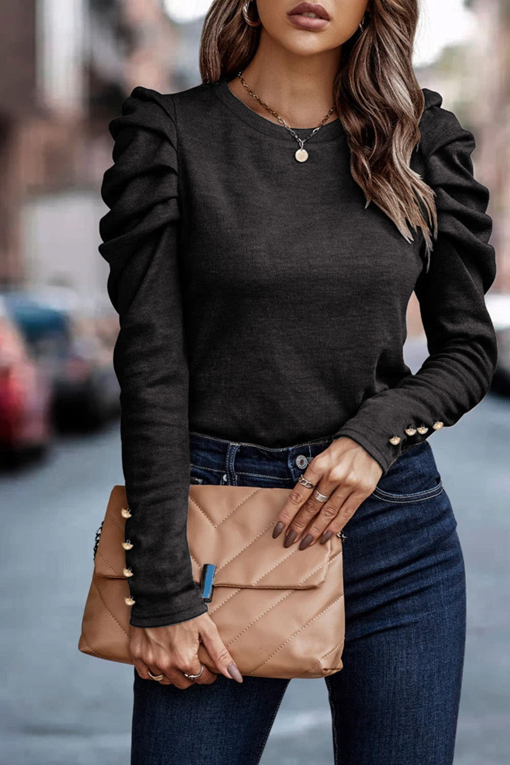 Black Buttoned Puff Long Sleeve Sheath Top-Tops/Long Sleeve Tops-[Adult]-[Female]-Black-S-2022 Online Blue Zone Planet