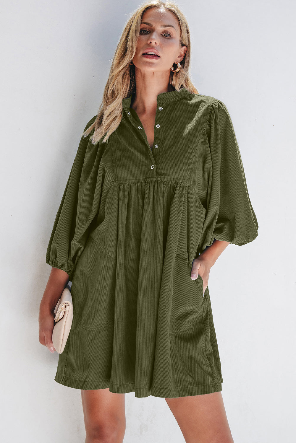 Blue Zone Planet | Vineyard Green Corduroy Snap Buttons Empire Waist Bracelet Sleeve Mini Dress-TOPS / DRESSES-[Adult]-[Female]-2022 Online Blue Zone Planet