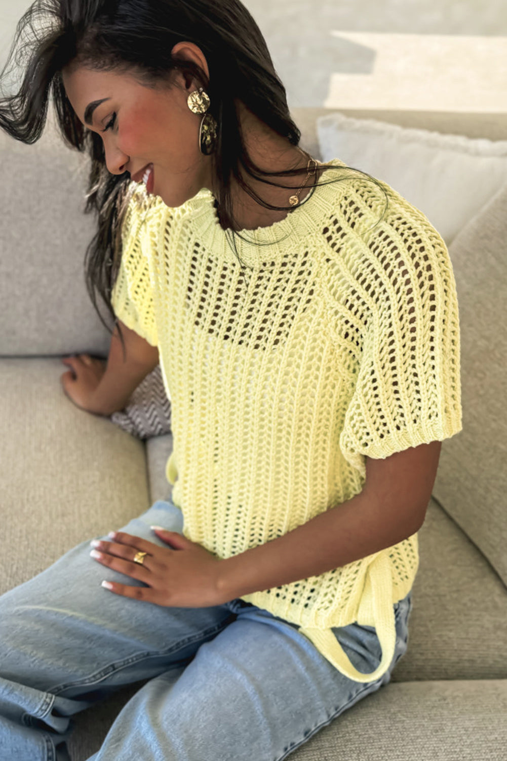Yellow Cream Hollow-Out Crochet Side Tied Short Sleeve Sweater
