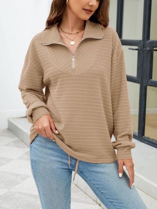 Textured Quarter Zip Long Sleeve Sweatshirt-[Adult]-[Female]-Camel-S-2022 Online Blue Zone Planet