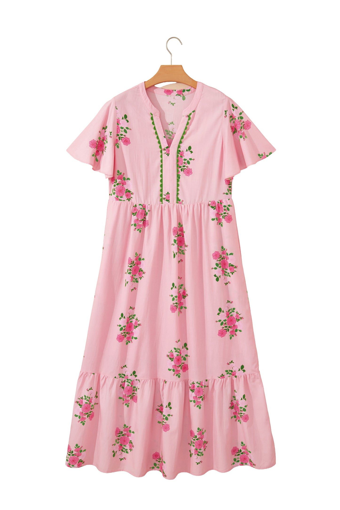 Pink Notched Neck Flutter Short Sleeve Floral Print Maxi Dress-TOPS / DRESSES-[Adult]-[Female]-2022 Online Blue Zone Planet