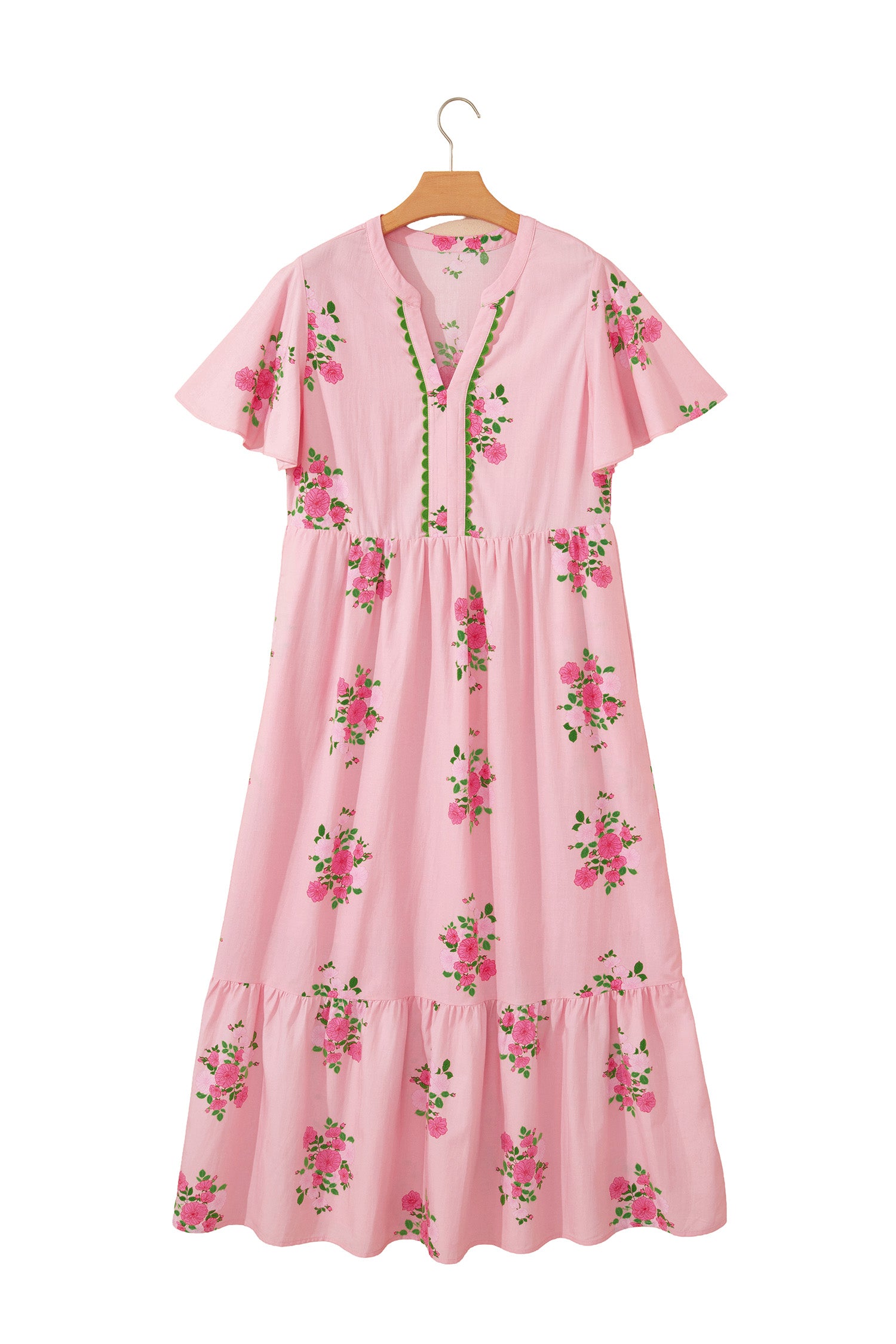 Pink Notched Neck Flutter Short Sleeve Floral Print Maxi Dress-TOPS / DRESSES-[Adult]-[Female]-2022 Online Blue Zone Planet