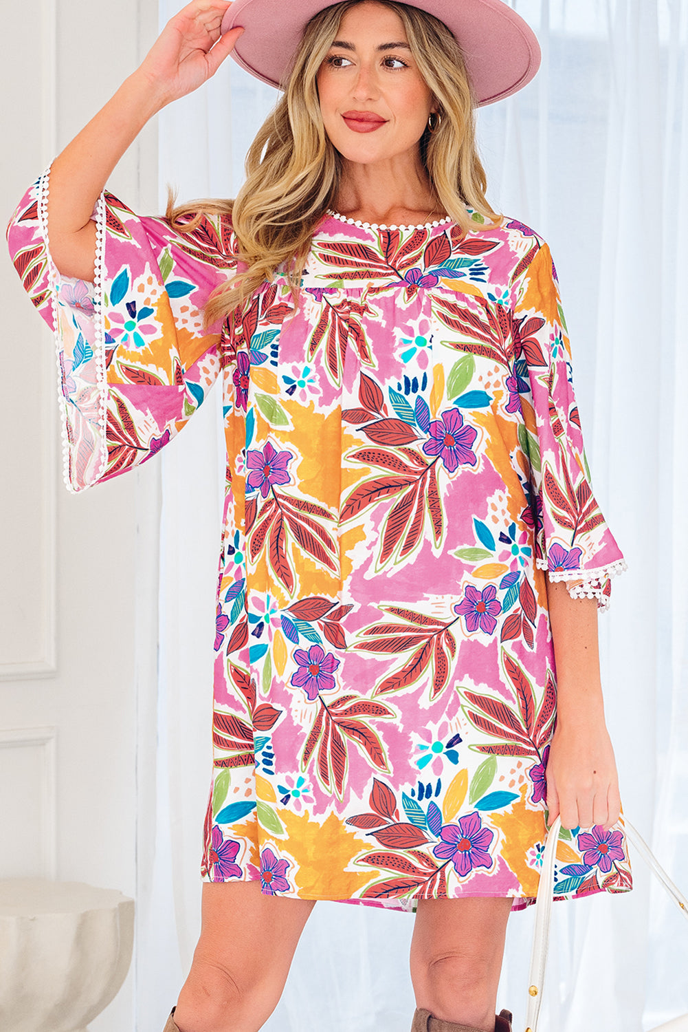 Pink Floral Print Lace Trimmed Tie Back Bell Sleeve Swing Mini Dress-TOPS / DRESSES-[Adult]-[Female]-2022 Online Blue Zone Planet