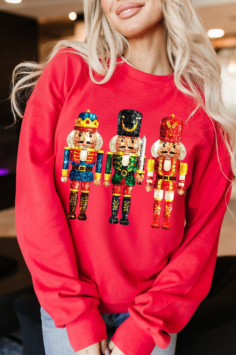 Blue Zone Planet | Red Christmas Metallic Nutcracker Graphic Crew Neck Sweatshirt-Graphic/Graphic Sweatshirts-[Adult]-[Female]-Red-S-2022 Online Blue Zone Planet