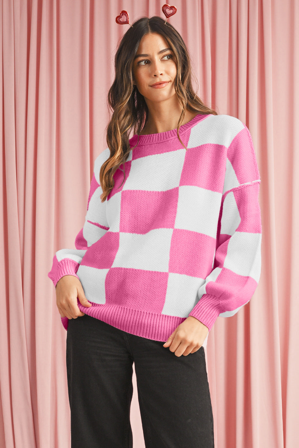 Blue Zone Planet | Pink Checked Bishop Sleeve Pullover Sweater-Sweaters-[Adult]-[Female]-rose-S-2022 Online Blue Zone Planet