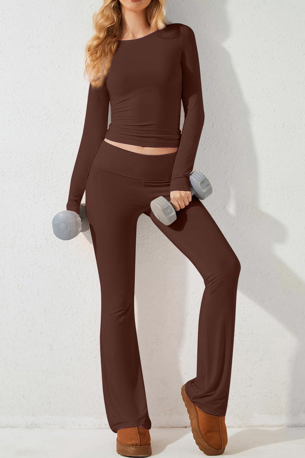 Devine Round Neck Long Sleeve Top and Pants Set-TOPS / DRESSES-[Adult]-[Female]-Brown-S-2022 Online Blue Zone Planet