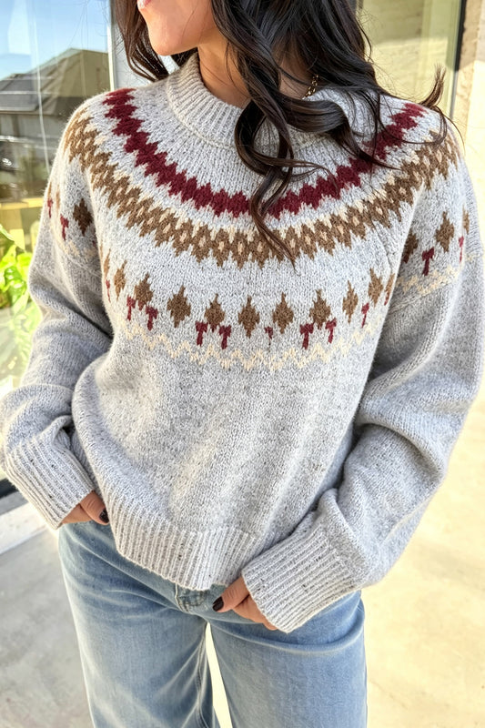 Gray Geometric Detail Round Neck Winter Sweater-TOPS / DRESSES-[Adult]-[Female]-Gray-S-2022 Online Blue Zone Planet