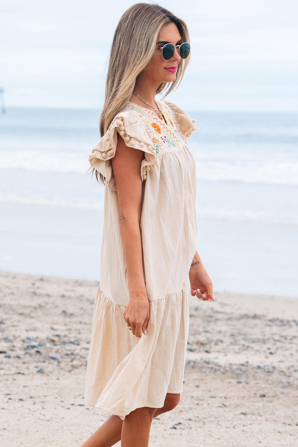 Jet Stream Linen Embroidery Split Neck Pom Pom Ruffle Sleeves Flowy Short Dress-Dresses/Mini Dresses-[Adult]-[Female]-2022 Online Blue Zone Planet