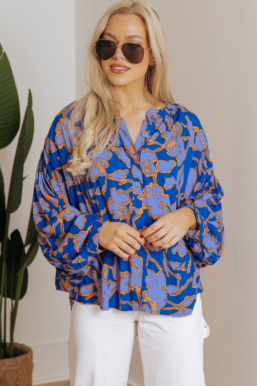 Blue Zone Planet | Blue Floral Print Batwing Sleeve Buttoned Loose Fit Shirt-Tops/Blouses & Shirts-[Adult]-[Female]-2022 Online Blue Zone Planet