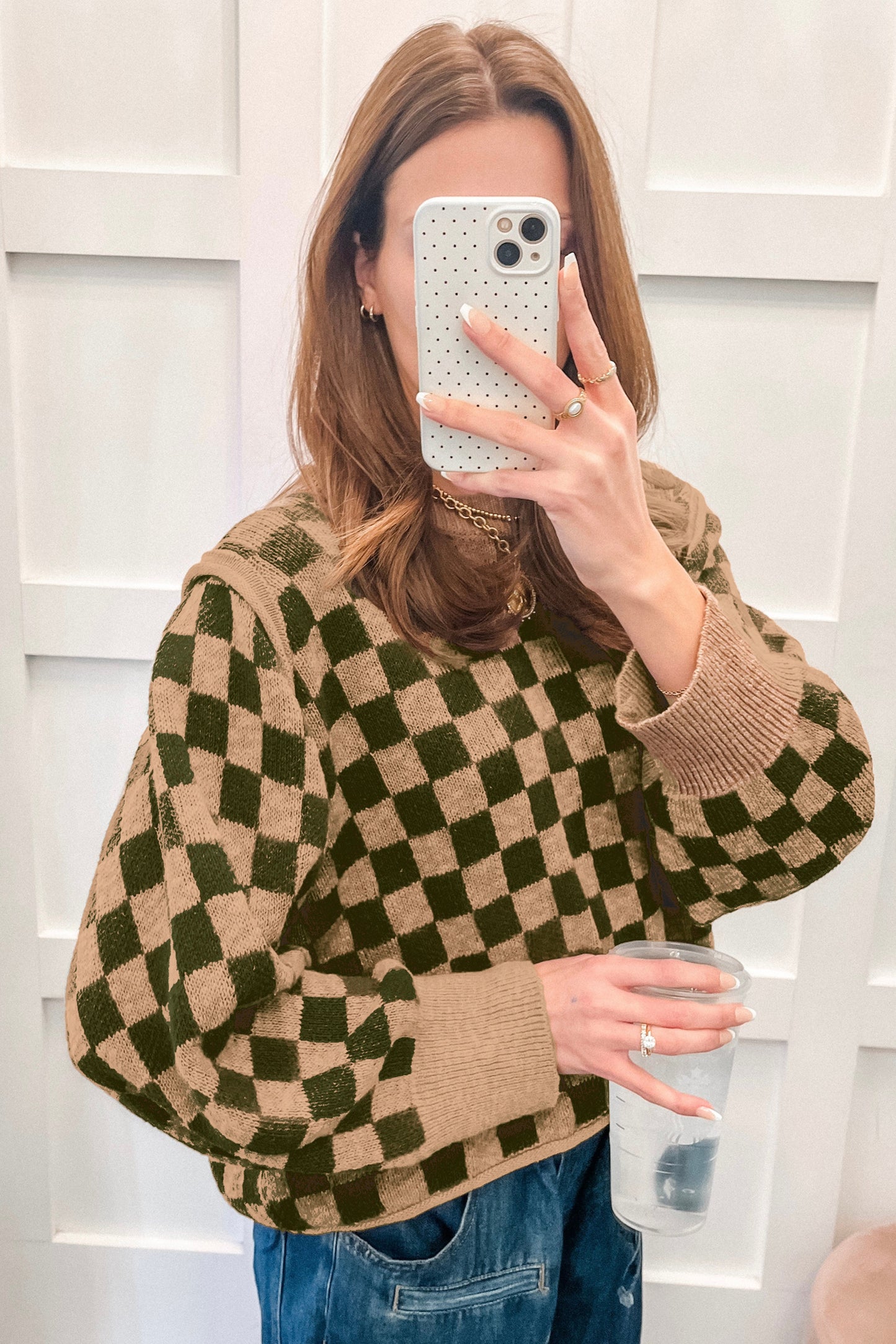 Multicolour Drop Shoulder Plaid Knit Long Sleeve Sweater-Sweaters & Cardigans/Sweaters-[Adult]-[Female]-2022 Online Blue Zone Planet