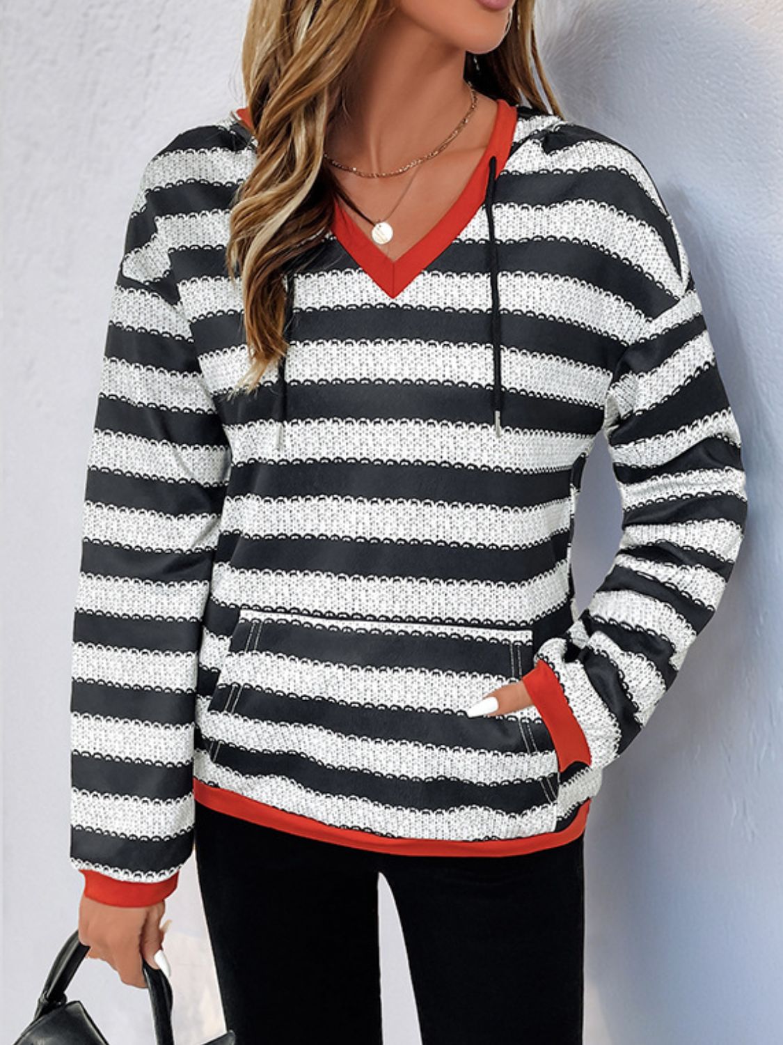 Perfee Contrast Striped Long Sleeve Hoodie-TOPS / DRESSES-[Adult]-[Female]-2022 Online Blue Zone Planet