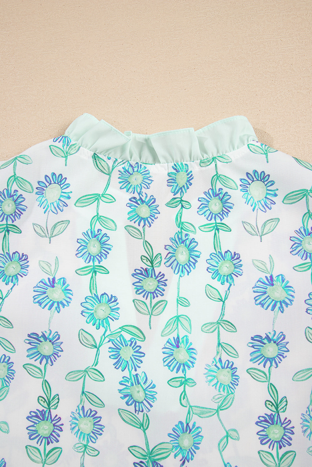 Green Floral Print Striped Detail Contrast V Neck Patchwork Flutter Sleeve Blouse-Tops/Blouses & Shirts-[Adult]-[Female]-2022 Online Blue Zone Planet