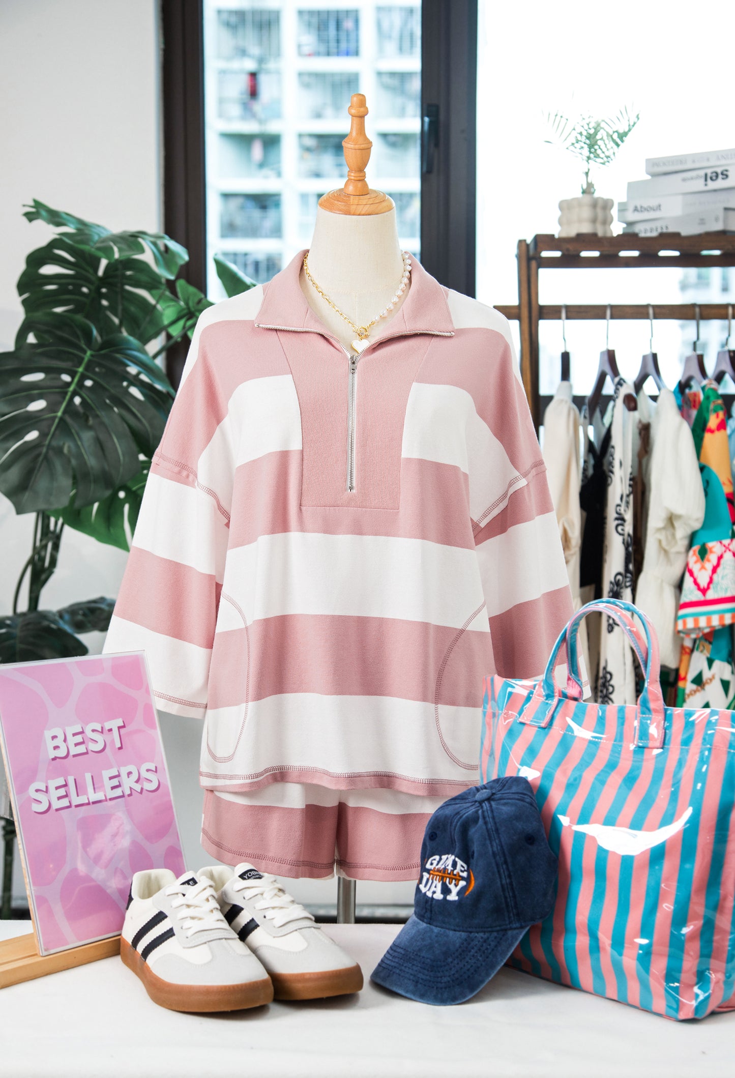 Pink Stripe Half Zip Bracelet Sleeve Top Casual Short Set-Two Piece Sets/Short Sets-[Adult]-[Female]-2022 Online Blue Zone Planet