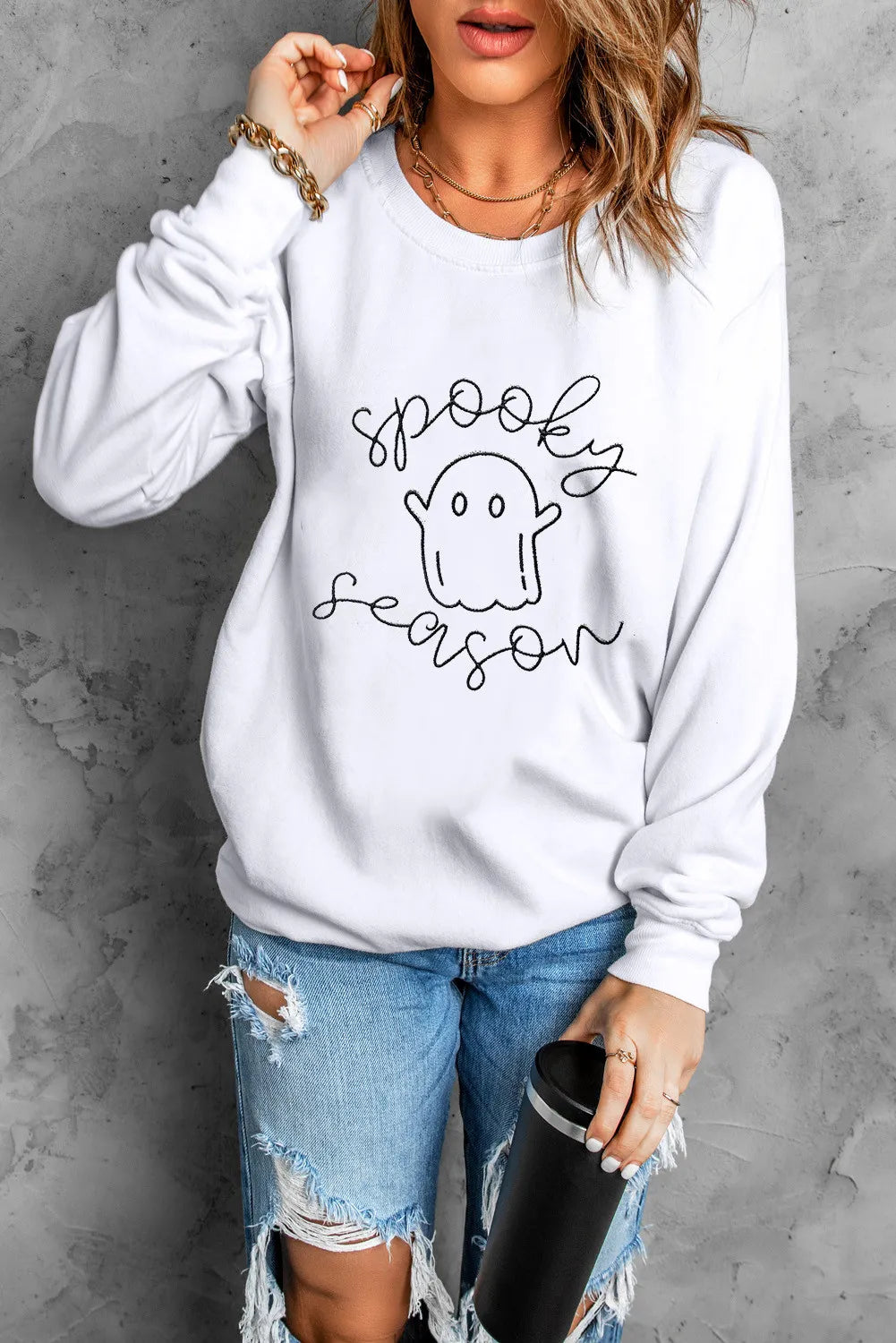 Ghost Graphic Long Sleeve Dropped Shoulder Sweatshirt-TOPS / DRESSES-[Adult]-[Female]-2022 Online Blue Zone Planet