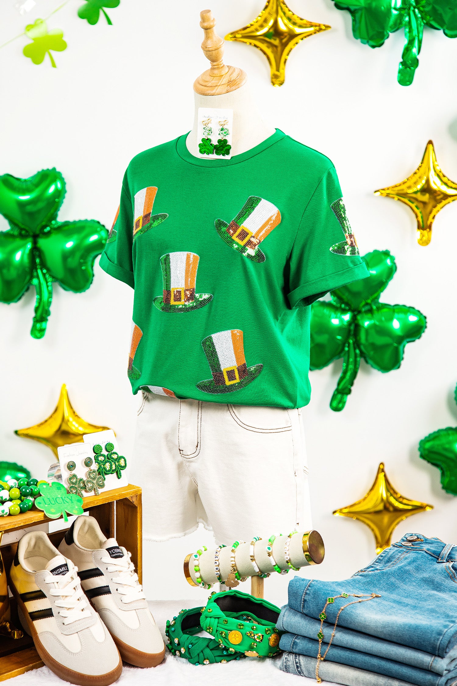 Bright Green Sequin St Patricks Day Hat Relaxed T Shirt-Graphic/Graphic Tees-[Adult]-[Female]-2022 Online Blue Zone Planet