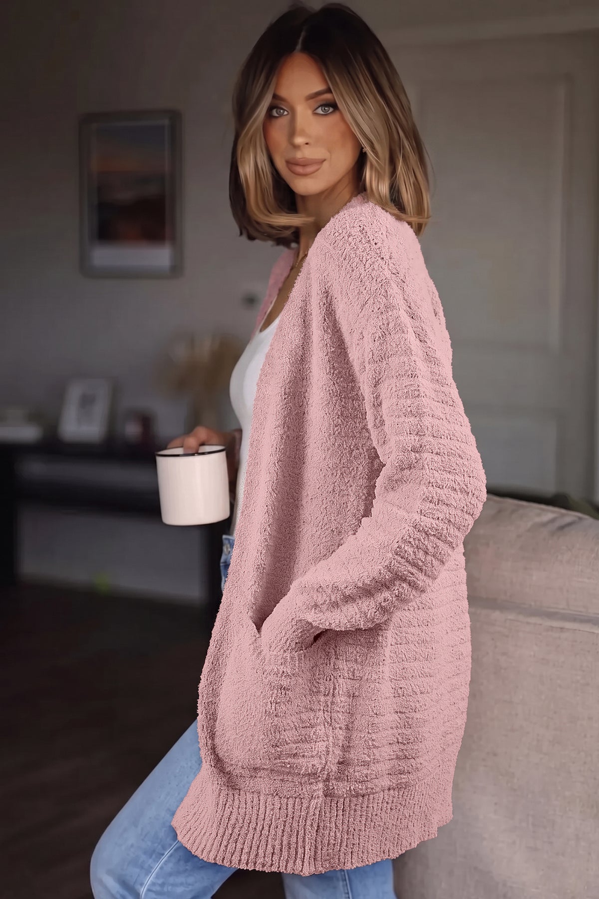 Light Pink Open Front Soft Fuzzy Ribbed Sweater Cardigan-TOPS / DRESSES-[Adult]-[Female]-2022 Online Blue Zone Planet