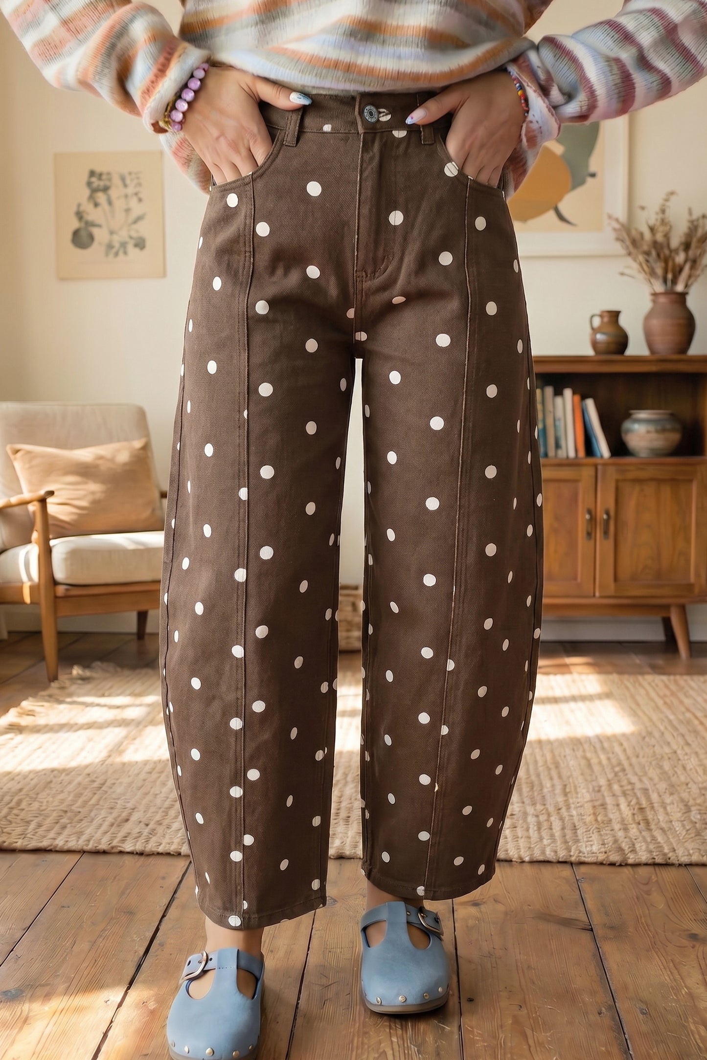 Brown Tailored Seam Polka Dot Print Barrel Casual Jeans-Bottoms/Jeans-[Adult]-[Female]-2022 Online Blue Zone Planet