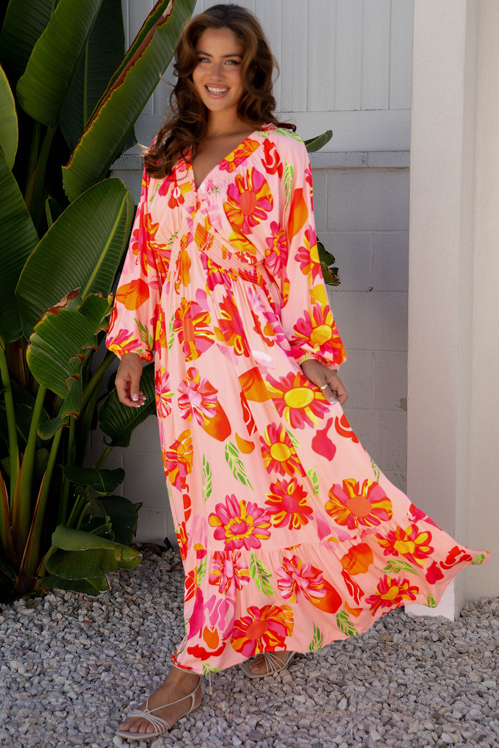 Beige Floral Print Smocked Detail V Neck Puff Sleeve Flowy Maxi Dress-TOPS / DRESSES-[Adult]-[Female]-2022 Online Blue Zone Planet