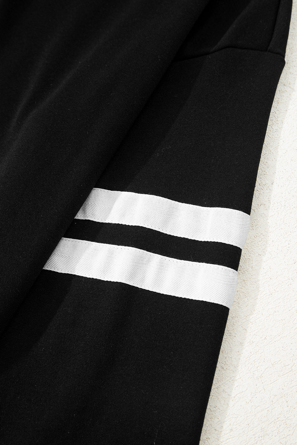 Black Varsity Striped Sleeve Drop Shoulder Sweatshirt and Short Set-Two Piece Sets/Short Sets-[Adult]-[Female]-2022 Online Blue Zone Planet