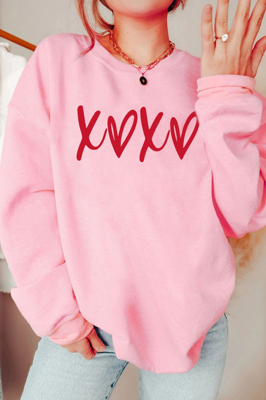 Valentine’s Day XOXO Round Neck Drop Shoulder Sweatshirt-TOPS / DRESSES-[Adult]-[Female]-Blush Pink-S-2022 Online Blue Zone Planet