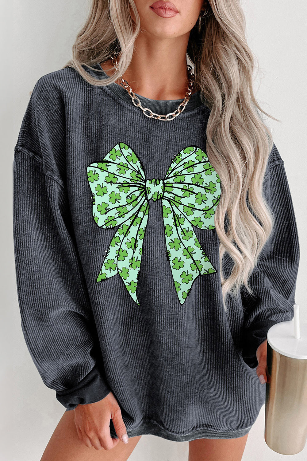 Gray Clover Bowknot Graphic Corded Pullover Sweatshirt-Graphic/Graphic Sweatshirts-[Adult]-[Female]-Gray-S-2022 Online Blue Zone Planet