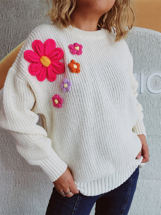 Crochet Flower Round Neck Dropped Shoulder Sweater-TOPS / DRESSES-[Adult]-[Female]-White-One Size-2022 Online Blue Zone Planet