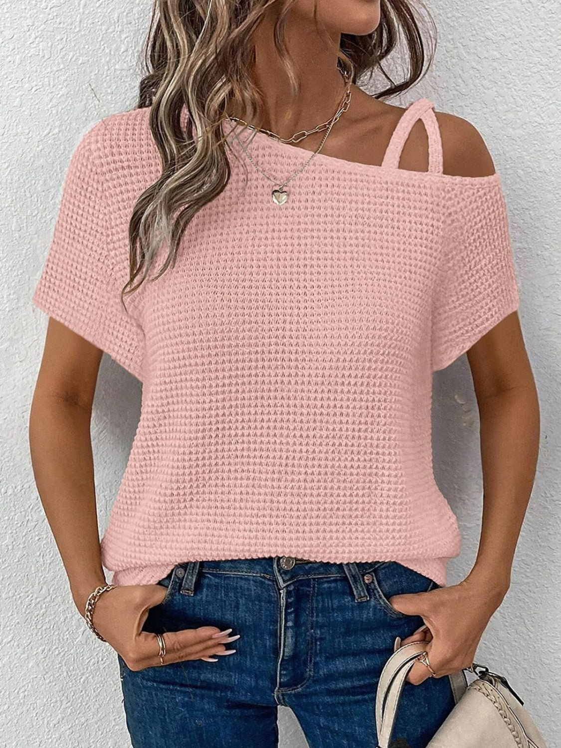 Asymmetrical Neck Short Sleeve T-Shirt-TOPS / DRESSES-[Adult]-[Female]-Blush Pink-S-2022 Online Blue Zone Planet