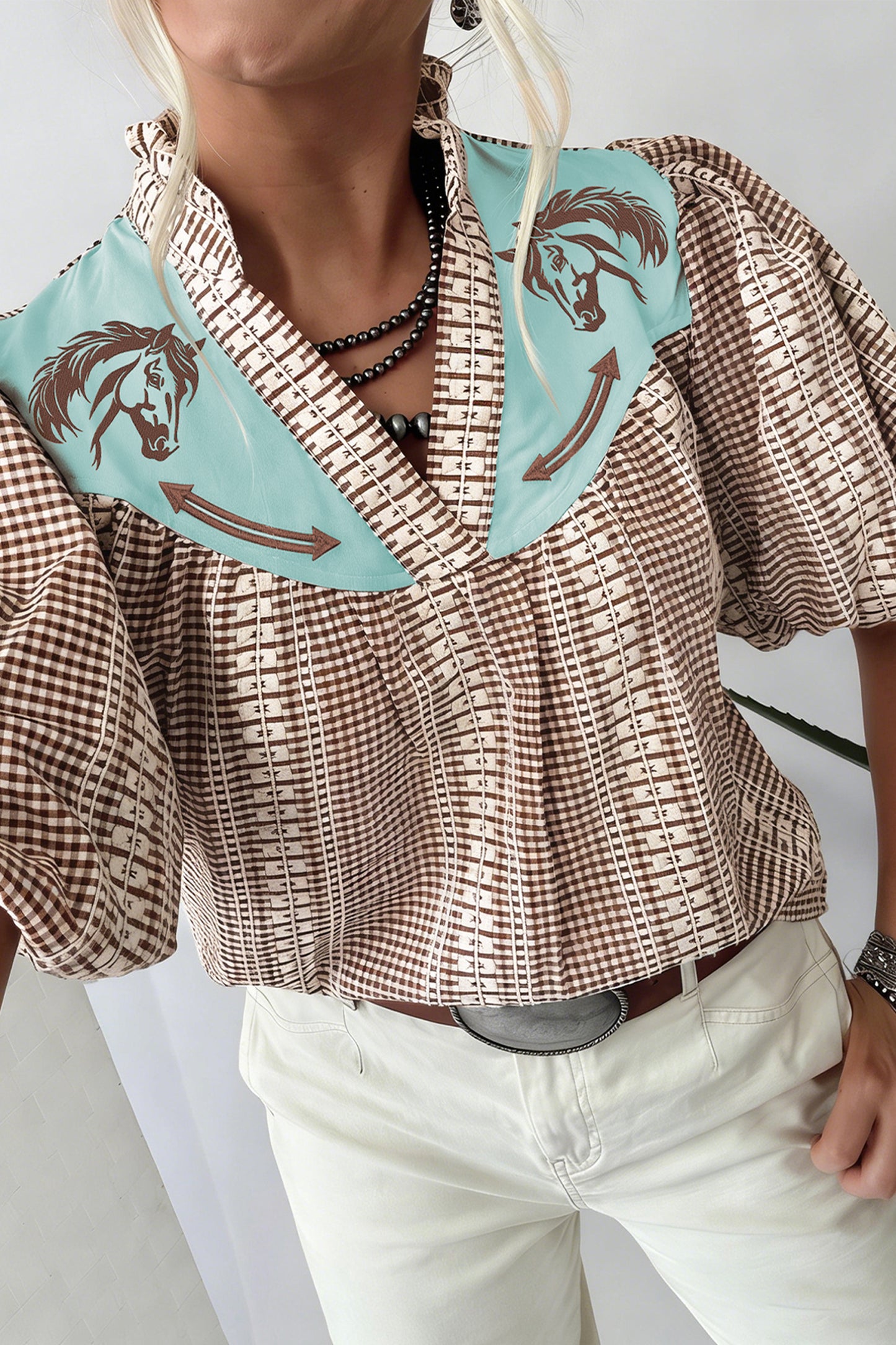 Brown Western Pony Embroidered Yoke Puff Sleeve Gingham Blouse-Tops/Blouses & Shirts-[Adult]-[Female]-2022 Online Blue Zone Planet