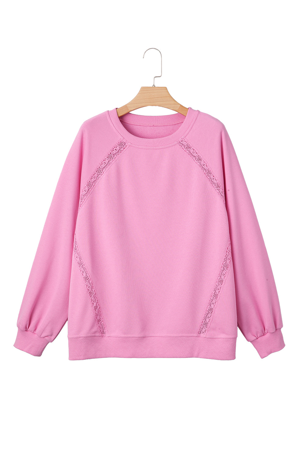 Bright Pink Lace Patched Raglan Sleeve Loose Fit Sweatshirt-Tops/Sweatshirts & Hoodies-[Adult]-[Female]-2022 Online Blue Zone Planet