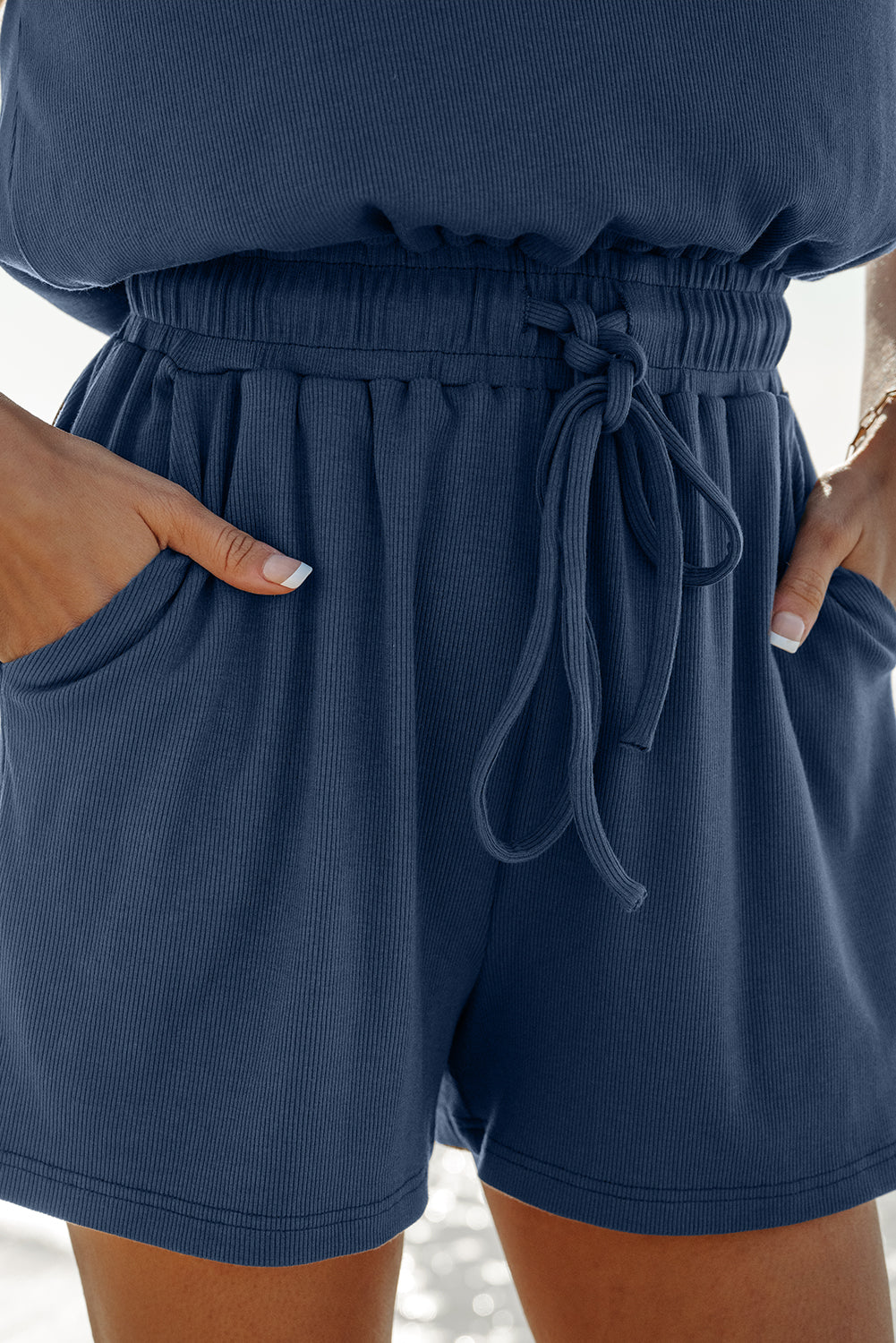 Ashleigh Blue Knit Open Back Cap Sleeve Drawstring Romper-Bottoms/Jumpsuits & Rompers-[Adult]-[Female]-2022 Online Blue Zone Planet