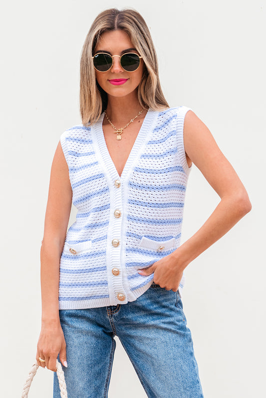 Sky Blue Stripe V Neck Gold Buttons Elegant Sweater Vest-Sweaters & Cardigans/Sweater Vests-[Adult]-[Female]-Sky Blue Stripe-S-2022 Online Blue Zone Planet