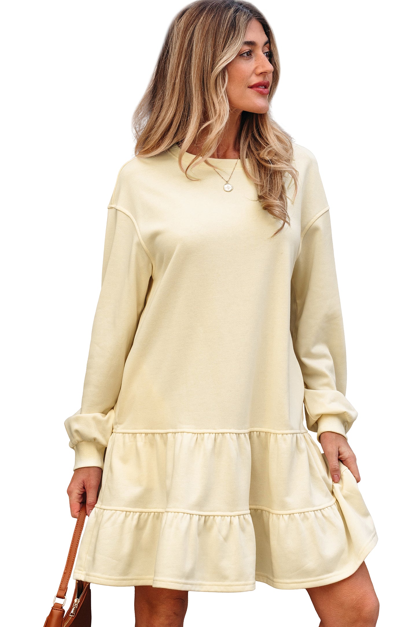 Beige Double Tiered Ruffle Hem Long Sleeve Loose Mini Dress-TOPS / DRESSES-[Adult]-[Female]-2022 Online Blue Zone Planet