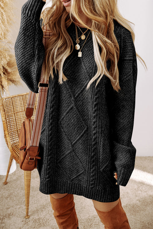 Black Cable Knit Drop Shoulder Loose Fit Sweater Dress-Sweaters & Cardigans/Sweater Dresses-[Adult]-[Female]-Black-S-2022 Online Blue Zone Planet