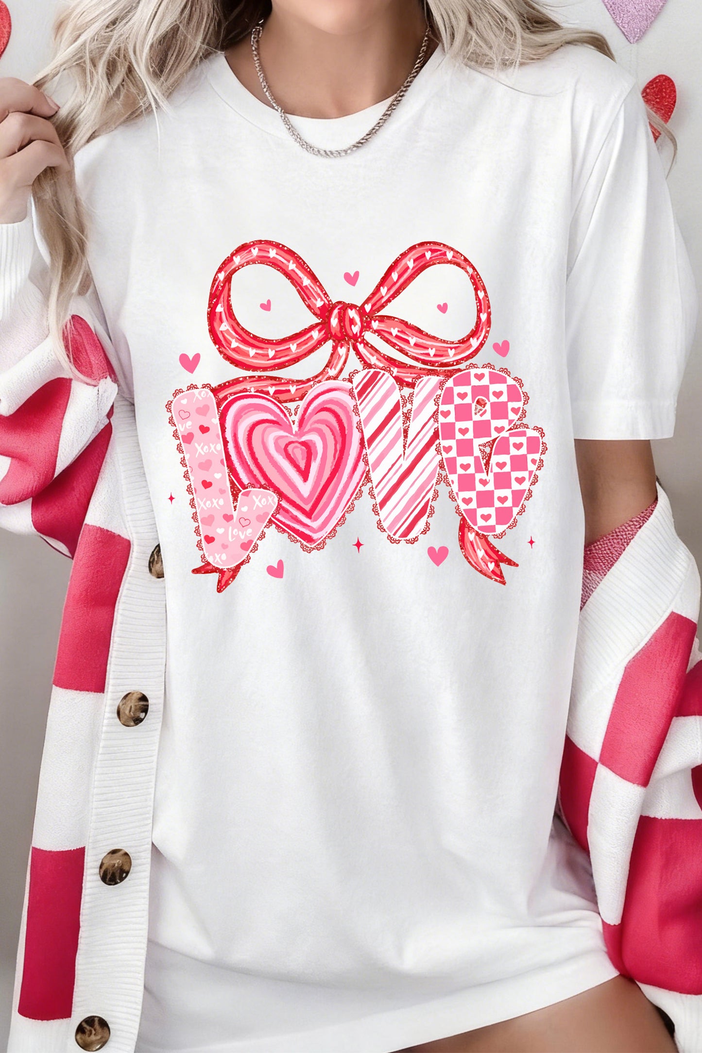 White Sweet Love Ribbon Bow Printed Valentines Day T Shirt-Graphic Tees-[Adult]-[Female]-White-2XL-2022 Online Blue Zone Planet