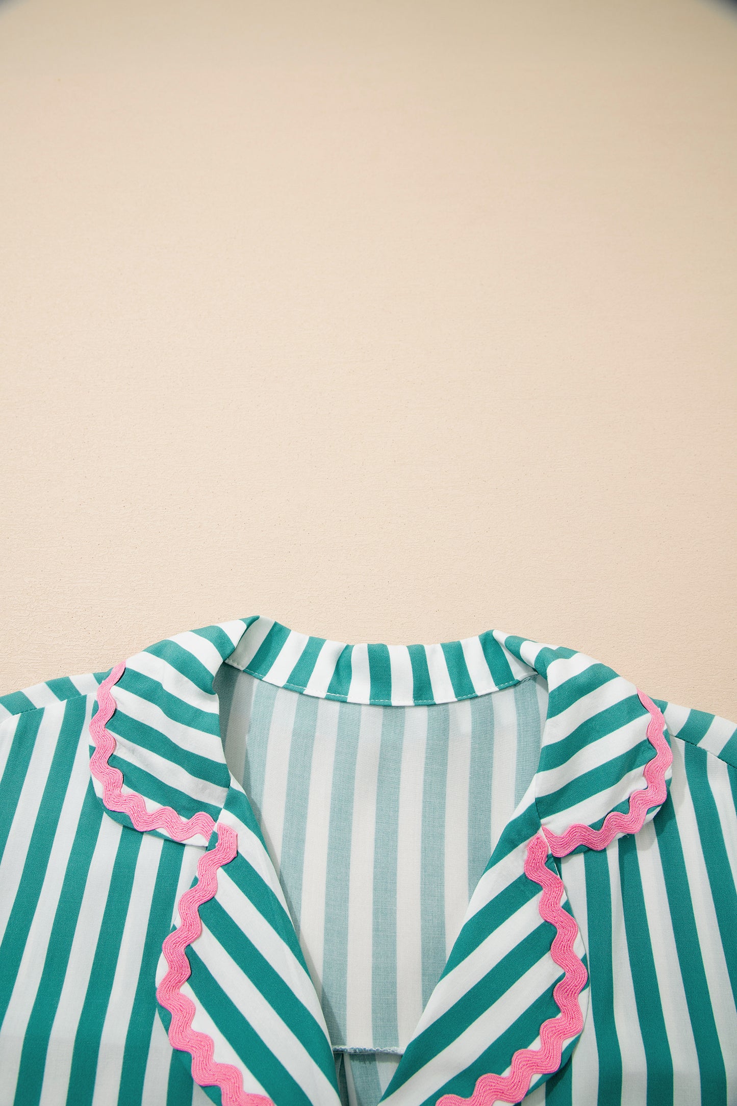 Green Stripe Contrast Ricrac Trim Long Sleeve Shirt Drawstring Ruffled Pajama Short Set-Loungewear & Sleepwear/Sleepwear-[Adult]-[Female]-2022 Online Blue Zone Planet